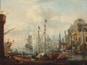 A Mediterranean Harbour View With Stevedores Loading by Abraham Storck