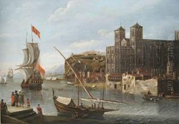 Nordlicher Hafen An Einer Kathedrale Mit Segelbooten, Lastkahnen, Kaufleuten Und Reisenden - view 1