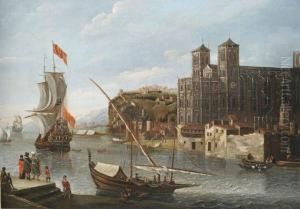 Nordlicher Hafen An Einer Kathedrale Mit Segelbooten, Lastkahnen, Kaufleuten Und Reisenden by Jacobus Storck