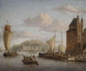 Northern Harbour At A Castle With Barges And Merchantmen. Northern Harbour At A Castle With Barges And Merchantmen.