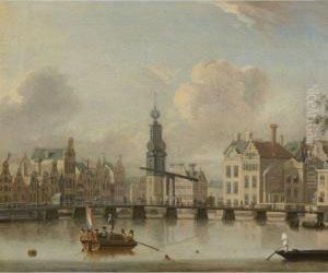 View Of Amsterdam With The Singel And Munttower, With Figurescrossing A Bridge And Swimming In The Foreground by Jacobus Storck