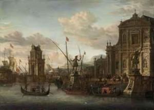 A Capriccio Of A Mediterranean Harbour With A Dutch Ship At Anchor,a Churchyard With A Classical Column On The Embankment, Figuresdescending To The Beach The Steps Of A Baroque Church