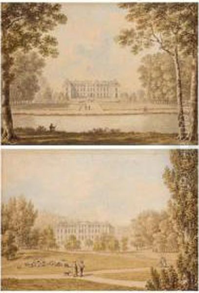 A Chateau Seen From The Front, Beyond A River And Formal Gardens; And The Same Chateau Seen From The Back, Across Parkland With Sheep Grazing - view 1