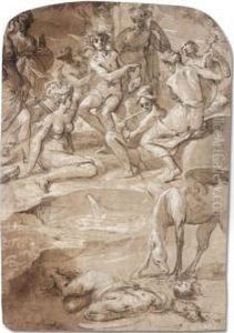 Apollo And The Muses On Mount Parnassus, With Pegasus Beside The Body Of Medusa In The Foreground by Johann Christoph Storer