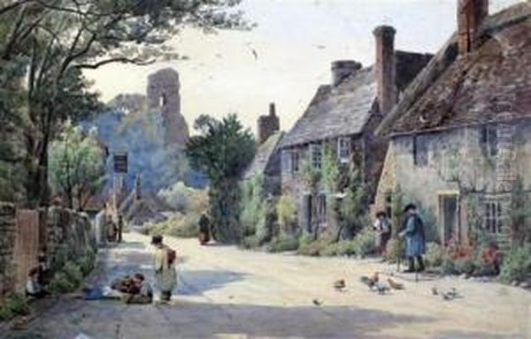 Corfe Castle; Figures In The Village Street - view 1