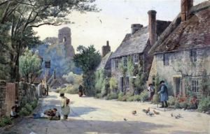 Corfe Castle; Figures In The Village Street by Howard Gull Stormont