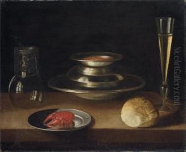Bread, A Carafe Of Wine, An Upturned
Roemer
And A Crayfish On A Plate With A Bowl Of Soup And Glass Of Wine - view 1