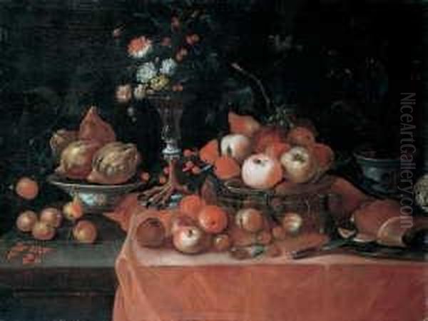 Grosses Blumen- Und Fruchtestilleben. Rechts Ein Cachepot Aus Fayence Mit Einem Bischoflichen Wappen. - view 1