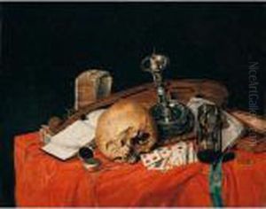 Still Life With A Skull, A Violin, An Hourglass, Books And A Pack Of Cards, Toegther On A Red Table Cloth