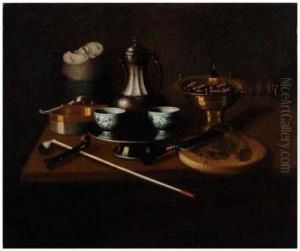 Still Life Of Table Top Holding A Brazier With Hot Coals