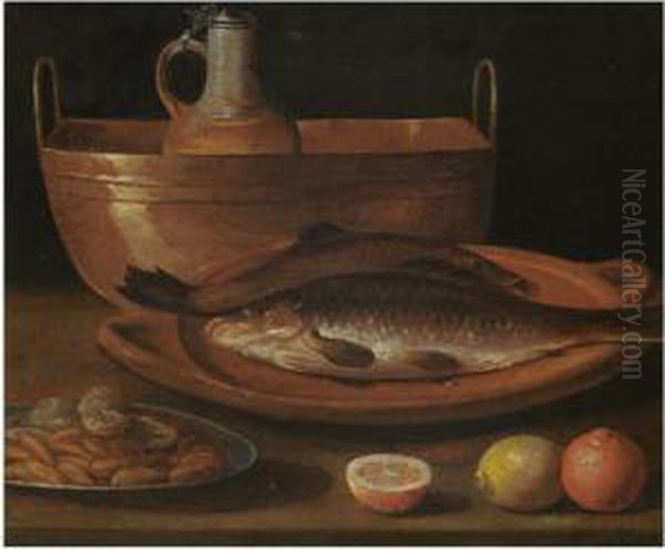 A Still Life With Carp On A Plate, A Pitcher In A Bucket, Almonds And Citrus Fruits On A Table - view 1