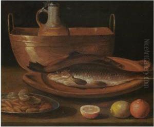 A Still Life With Carp On A Plate, A Pitcher In A Bucket, Almonds And Citrus Fruits On A Table by Sebastien Stoskopff