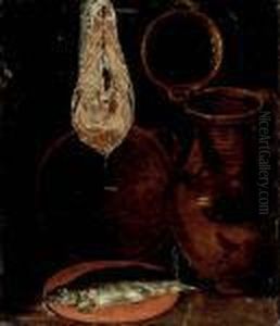 A Water Jug, A Fish On A Plate, A Cut Of Salmon And A Colander, On A Table, A Fragment