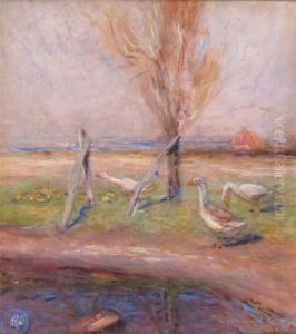 A Family Of Ducks By A Pool by Edward William Stott