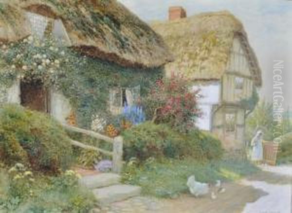 Girl And Poultry Outside A Thatched Cottage - view 1