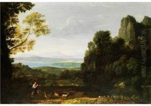 Ideale Flusslandschaft Mit Brucke Und Schalmeiblasendem Hirten Ideale Flusslandschaft Mit Brucke Und Schalmeiblasendem Hirten