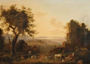 Klassische Landschaft Mit Ruinen Und Tieren by Ludwig Philipp Strack