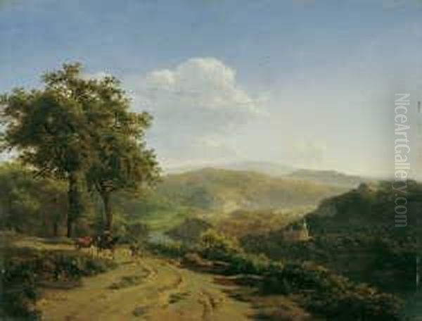 Mittelgebirgslandschaft Mit Reiter Und Wanderer. - view 1
