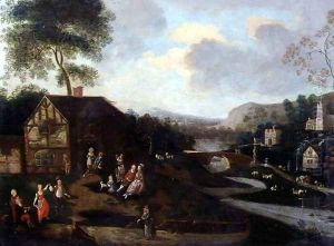 Figures Dancing and Merrymaking, a Village, Kermesse in a river landscape by Anonymous Artist