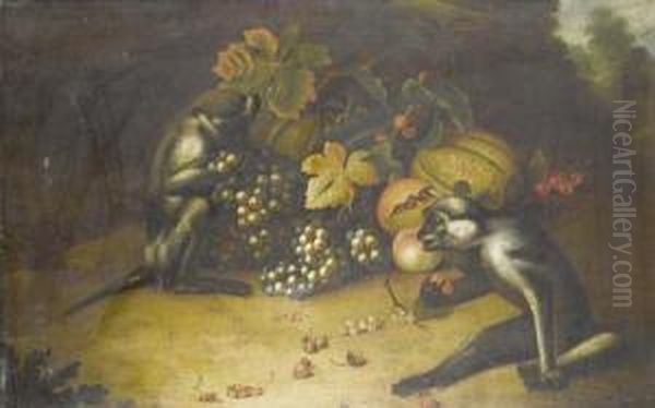 Two Monkeys Playing With Grapes And Strawberries, Before A Landscape - view 1
