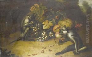 Two Monkeys Playing With Grapes And Strawberries, Before A Landscape