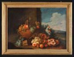 Natura Morta Con Cesti Di Frutti E Pappagallo Entro Paesaggio by Tobias Stranover