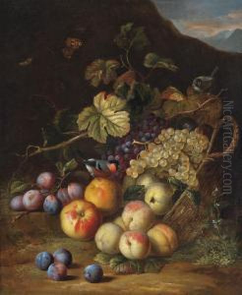 A Basket Of Apples, Plums, Peaches And Grapes With A Bullfinch And Moths, A Mountainous Landscape Beyond - view 1