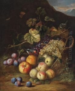 A Basket Of Apples, Plums, Peaches And Grapes With A Bullfinch And Moths, A Mountainous Landscape Beyond by Tobias Stranover