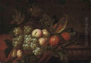 Grapes, Oranges, Peaches And A Pomegranate On A Pewter Platter, Ona Partly-draped Table