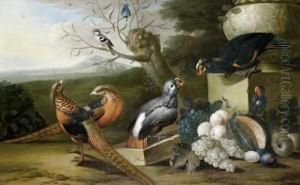 A Parkland Setting With Pheasants, Parrots Andother Birds, Together With A Still Life Of Red And White Grapes Anda Cut Melon