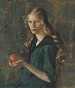 Portrait Of A Young Girl, Seated Half-length, In A Green Dressholding An Orange by Benjamin Strasser