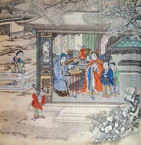 Scene in a garden with a family receiving visitors by Anonymous Artist