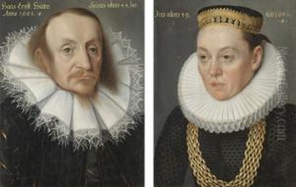 Portrait Of Hans Ernst Hutter, Bust Length, And Portrait Of A Lady, Said To Be Clara Hutter, Wearing A Necklace Of Gold Chains - view 1