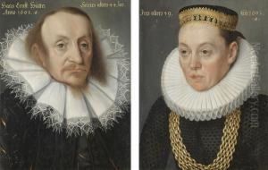 Portrait Of Hans Ernst Hutter, Bust Length, And Portrait Of A Lady, Said To Be Clara Hutter, Wearing A Necklace Of Gold Chains by Lorenz Strauch