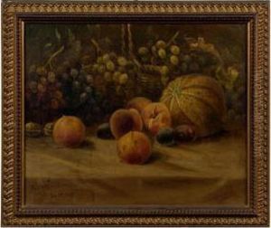 Still Life Of Peaches, Plums, Grapes And Cantaloupe. by Meyer Straus