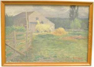 Landscape With Man On Haywagon At Grey Barn by Harold A. Streator