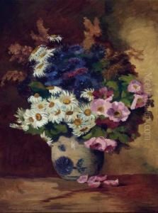 Still Life Of Daisies In A Pottery Vase by Max Theodor Streckenbach