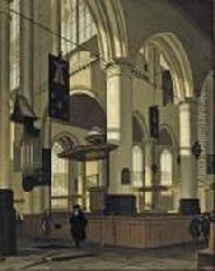 A Protestant Gothic Church Interior With An Elegant Man By A Grave by Streek Hendrik Van