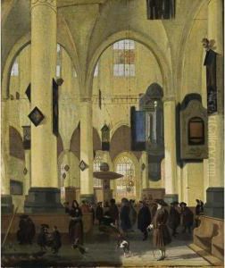 An Interior Of A Protestant Gothic Church With Figures During A Sermon