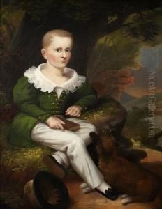 A Portrait Of A Boy With A Dog Seated At His Feet