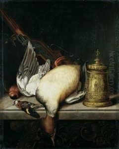 Paar Jagdstilleben Mit Erlegtem Wild, Gewehren, Einem Silbervergoldeten Deckelhumpen Und Einem Krug. by Michael Streibl