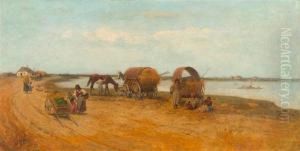Figure Resting With Lifestock Wagon At The Coast by Franciszek Streitt