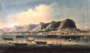 View of Hong Kong, with a Prison Hulk and a Paddlesteamer in the Harbour
