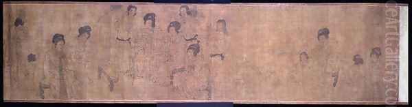 Palace Ladies at Leisure Handscroll, detail of ladies making music, after an original by Wen-chu Chou (fl.970) Southern Sung period, c.1140 - view 1