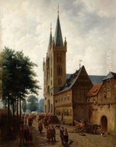 Many Figures In Front Of The Cathedral In Halbertstadt Many Figures In Front Of The Cathedral In Halbertstadt