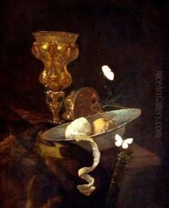 Geschalte Zitrone In Einer Schale Auf Einem Gedeckten Tisch Mit Pokal by Christiaan Jansz. Striep