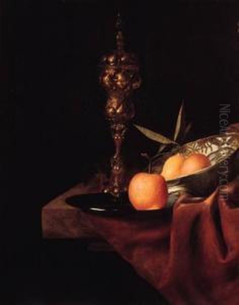 A Silver Gilt Cup-and-cover, A Lemon And An Orange In A Wan-lidish, An Orange On A Pewter Plate And An Upturned Roemer On Adraped Marble Ledge - view 1