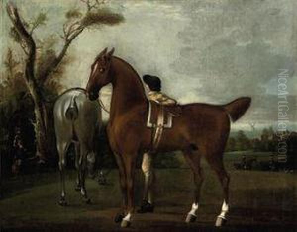 A Groom With Two Hunters In A Landscape, A Windmill Beyond - view 1