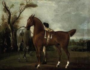 A Groom With Two Hunters In A Landscape, A Windmill Beyond A Groom With Two Hunters In A Landscape, A Windmill Beyond