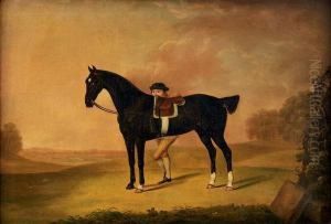 A Dark Bay Hunter With A Groom In A Landscape